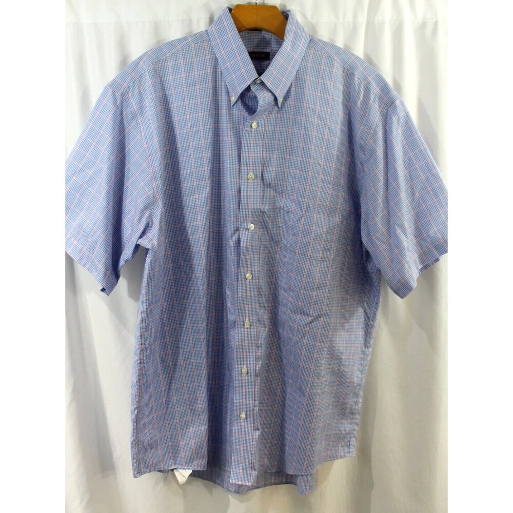 Overton Mens Blue Pink Check Short Sleeve Cotton Button Down L